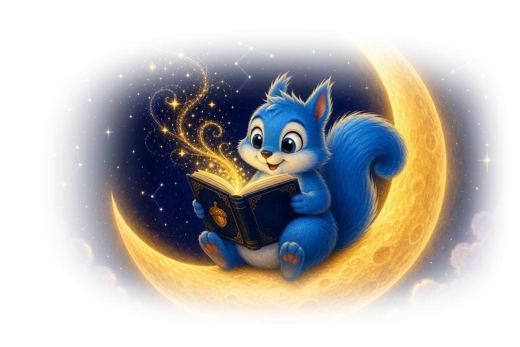 A friendly blue squirrel sitting on a glowing crescent moon, reading a magical storybook